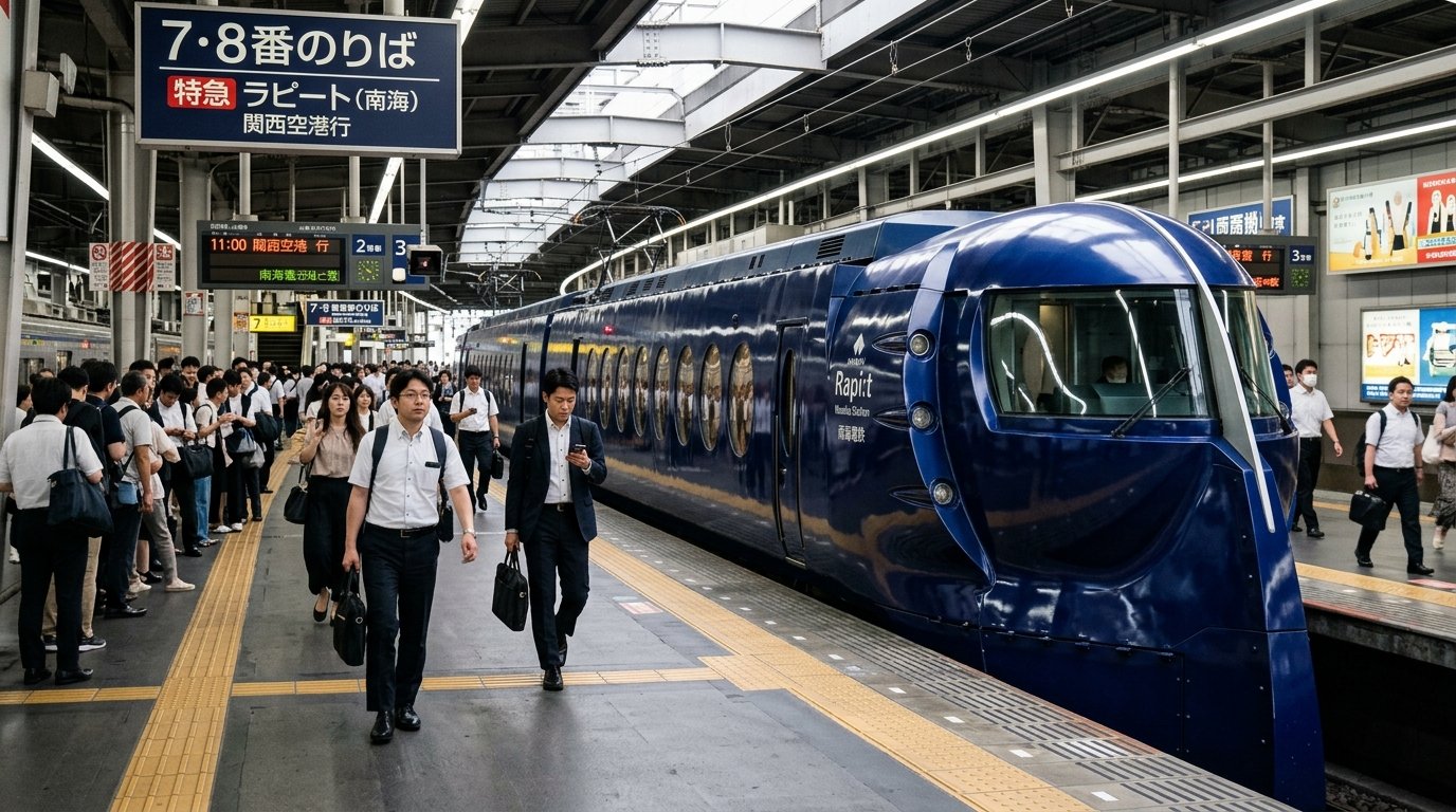 Retro futuristic dark blue Nankai Rapit express train at Namba Station in Osaka