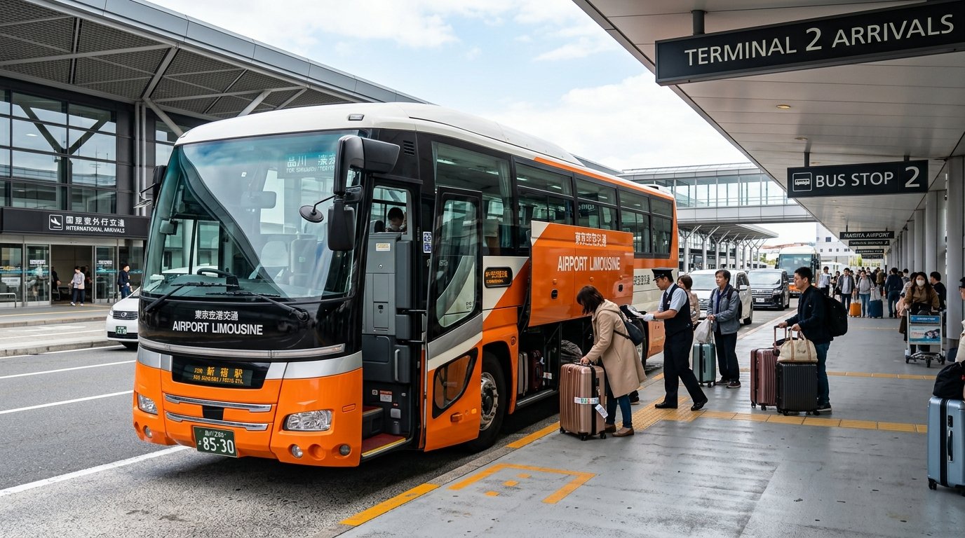 Orange and white Tokyo Airport Limousine Bus loading luggage at Narita Airport Terminal 2