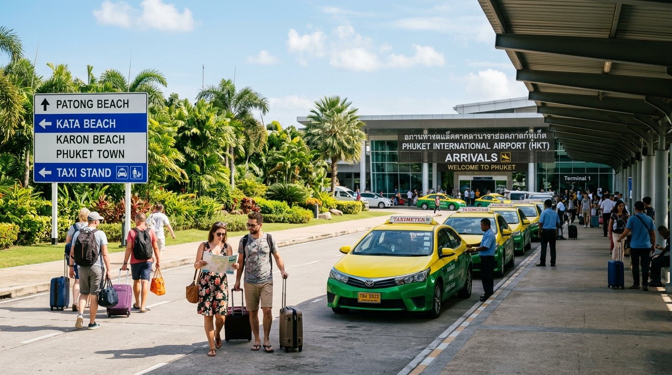 Phuket Airport to Patong transfer options showing taxis and signage at Phuket International Airport