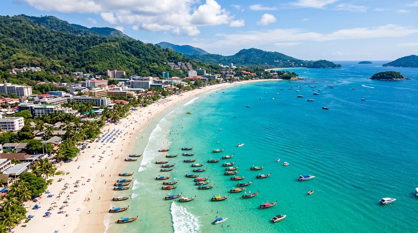 Aerial view of Phuket Patong Beach crescent bay with turquoise water and longtail boats