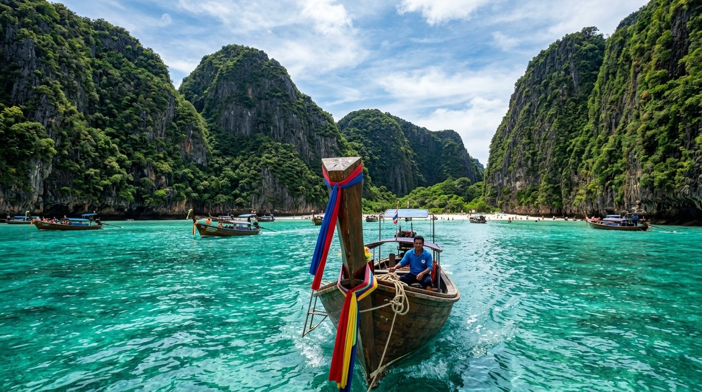 Phi Phi Islands Maya Bay viewed from longtail boat with turquoise lagoon and limestone cliffs