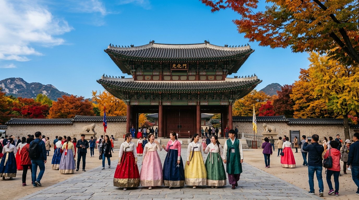 Gyeongbokgung Palace gate in Seoul with visitors wearing traditional hanbok dress