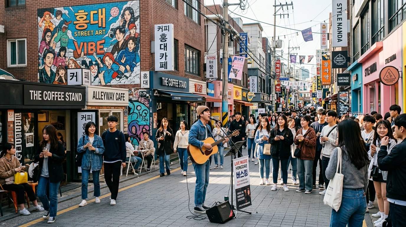 Colourful Hongdae neighbourhood in Seoul with street art murals and buskers performing