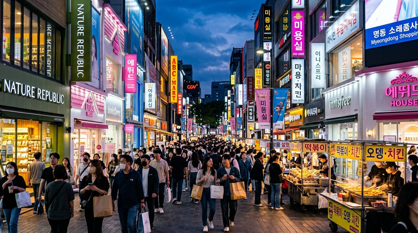 Vibrant neon-lit Myeongdong shopping street in Seoul at dusk with shoppers and street food stalls