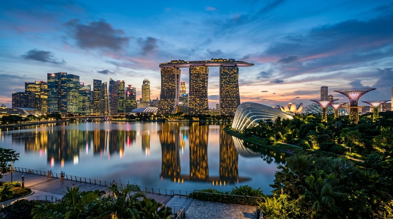Scenic view of Marina Bay Sands and Singapore skyline illuminated at sunset