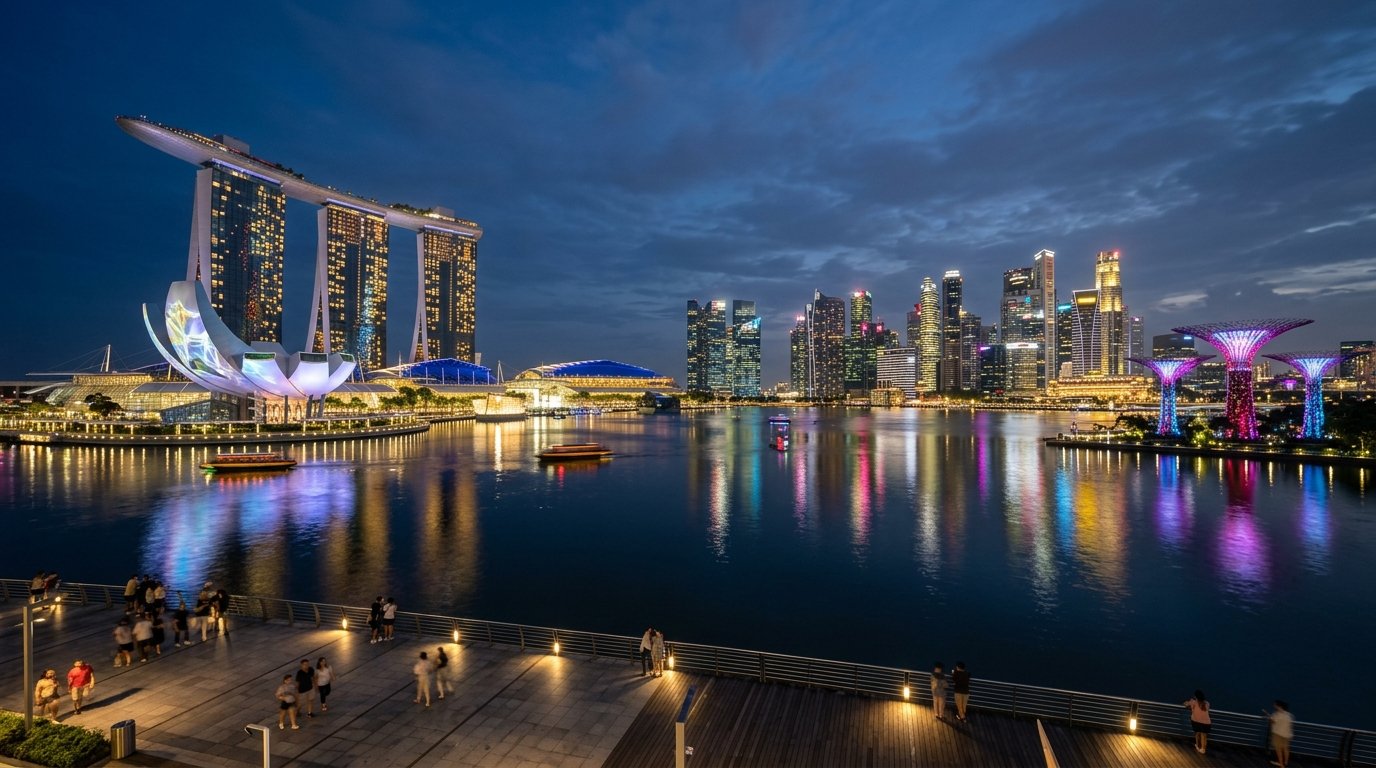 Singapore Marina Bay skyline at night with Marina Bay Sands and Supertree Grove