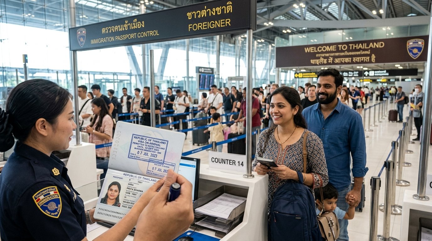Thailand visa for Indians showing Indian tourists at Bangkok Suvarnabhumi immigration counter with passport stamp