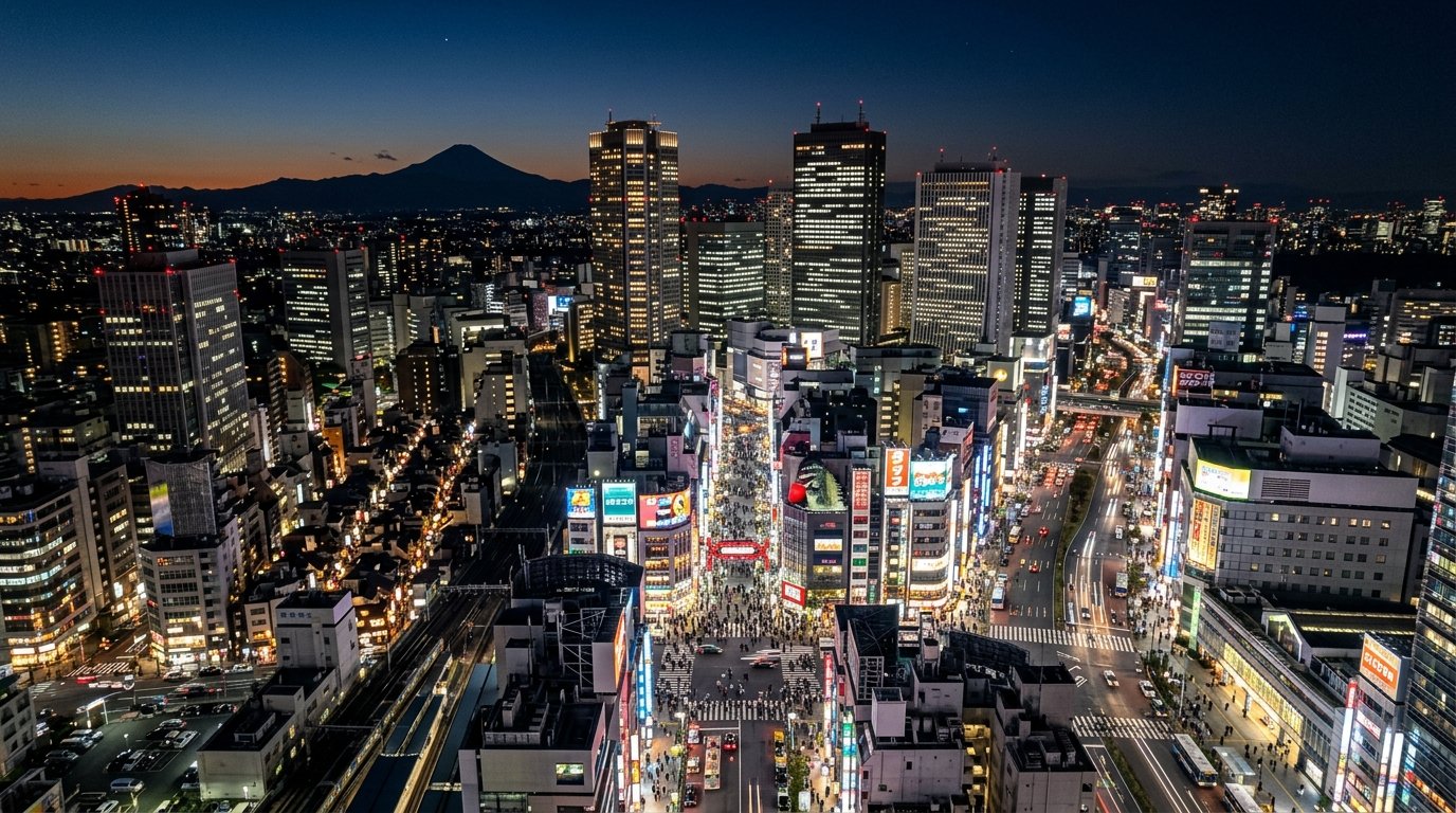 Where to stay in Tokyo area comparison showing Shinjuku neon lights and skyline at night with Mount Fuji silhouette