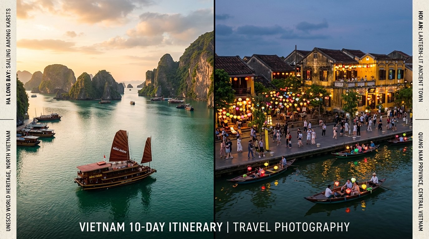 Vietnam itinerary highlights showing Ha Long Bay limestone karsts and Hoi An ancient town lanterns at dusk