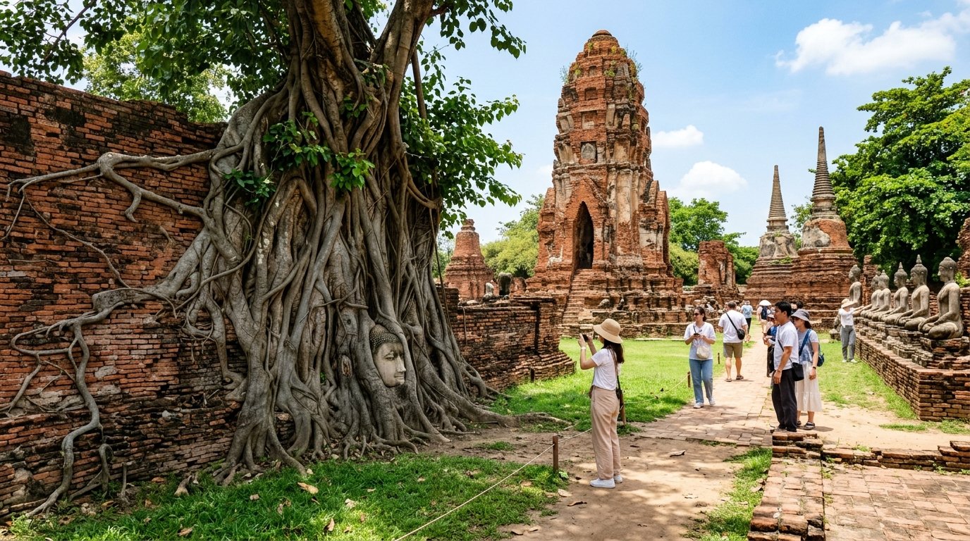 Ayutthaya historical park Buddha head in tree roots at Wat Mahathat with tourists exploring