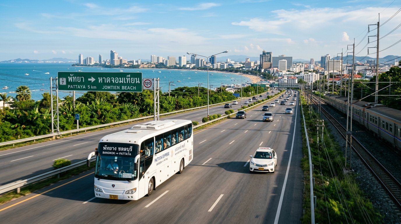 Bangkok to Pattaya express bus on Thai motorway with Pattaya Bay coastline in the distance