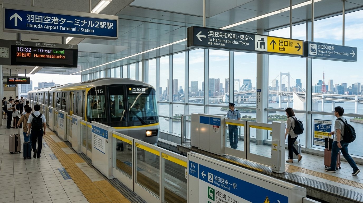 Haneda Airport to Tokyo transport options showing monorail train at terminal platform with Tokyo skyline