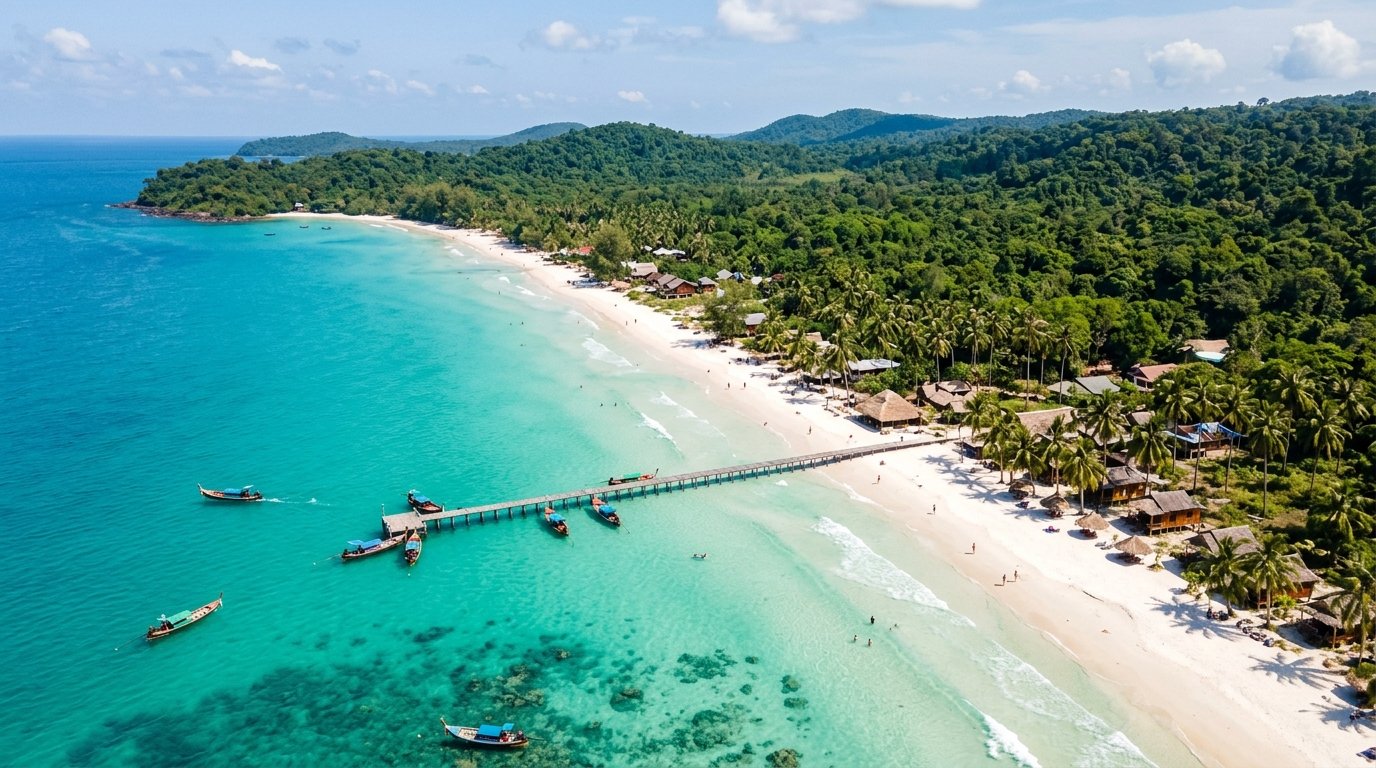 Koh Rong island Cambodia aerial view showing pristine white sand beach with turquoise water and palm trees