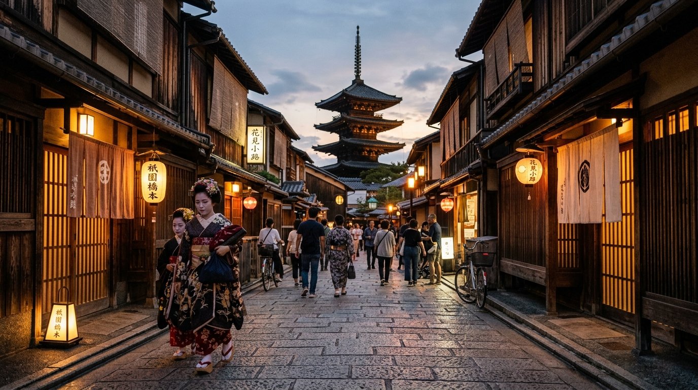 Kyoto Gion district traditional streets, the destination awaiting travellers after the Tokyo to Kyoto Shinkansen journey
