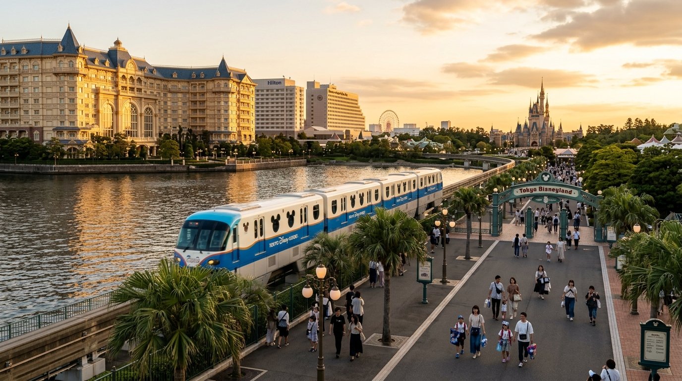 Where to stay near Tokyo Disneyland showing resort hotels in Maihama with Disney Resort monorail at golden hour