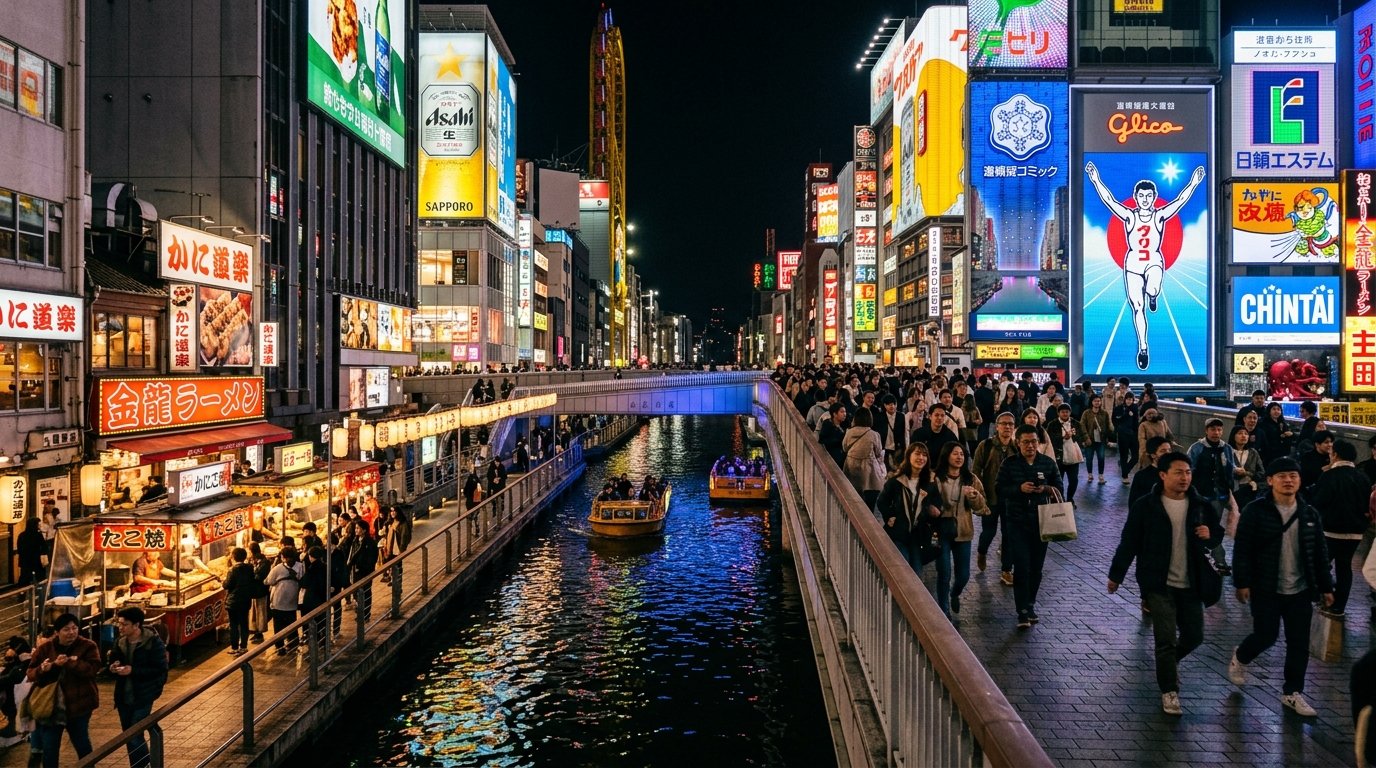 Osaka Dotonbori canal at night with Glico Running Man sign and neon lights reflecting on water