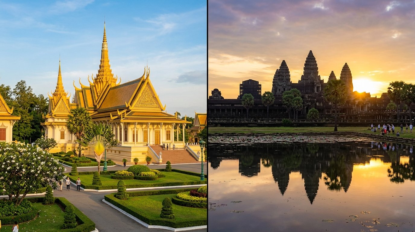 Phnom Penh Royal Palace and Siem Reap Angkor Wat split comparison at golden hour