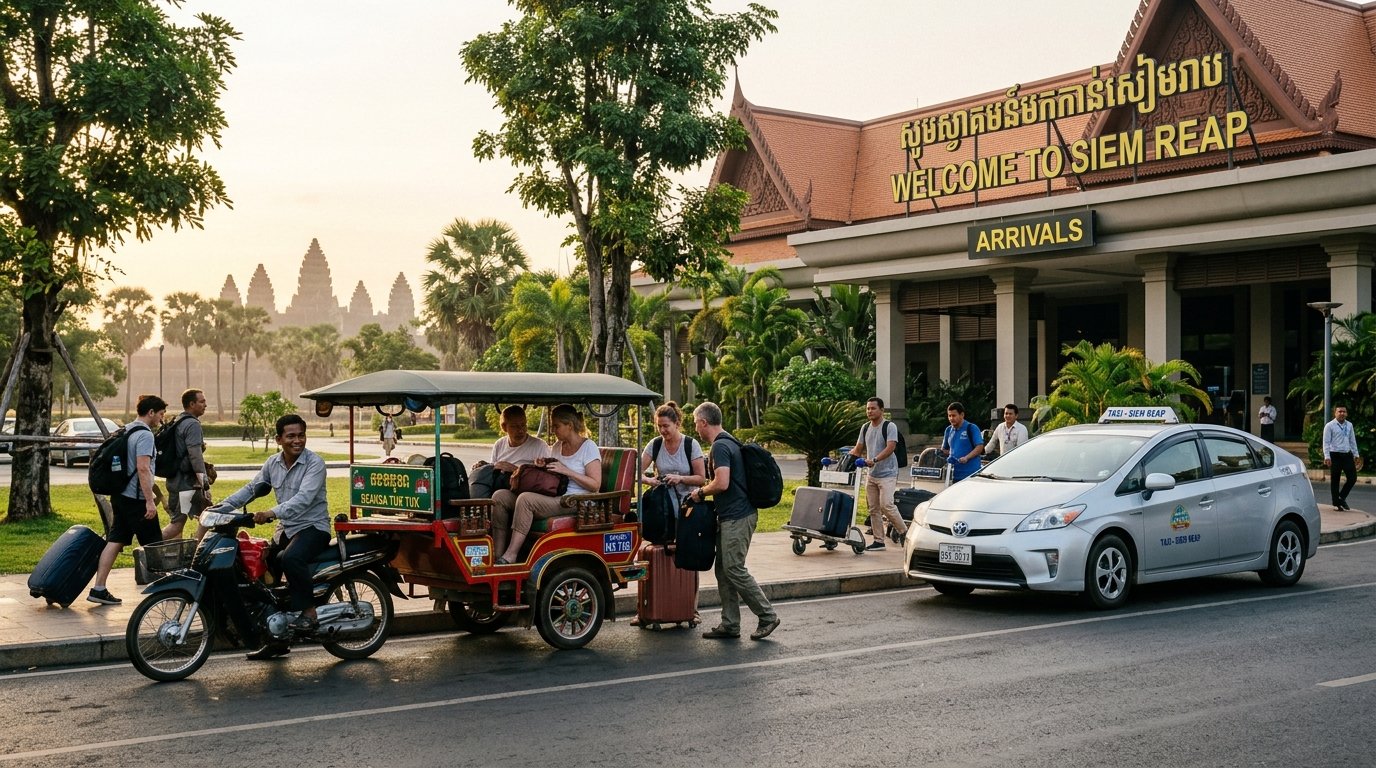 Siem Reap Airport arrivals with tuk-tuk and taxi waiting, Angkor Wat silhouette in background