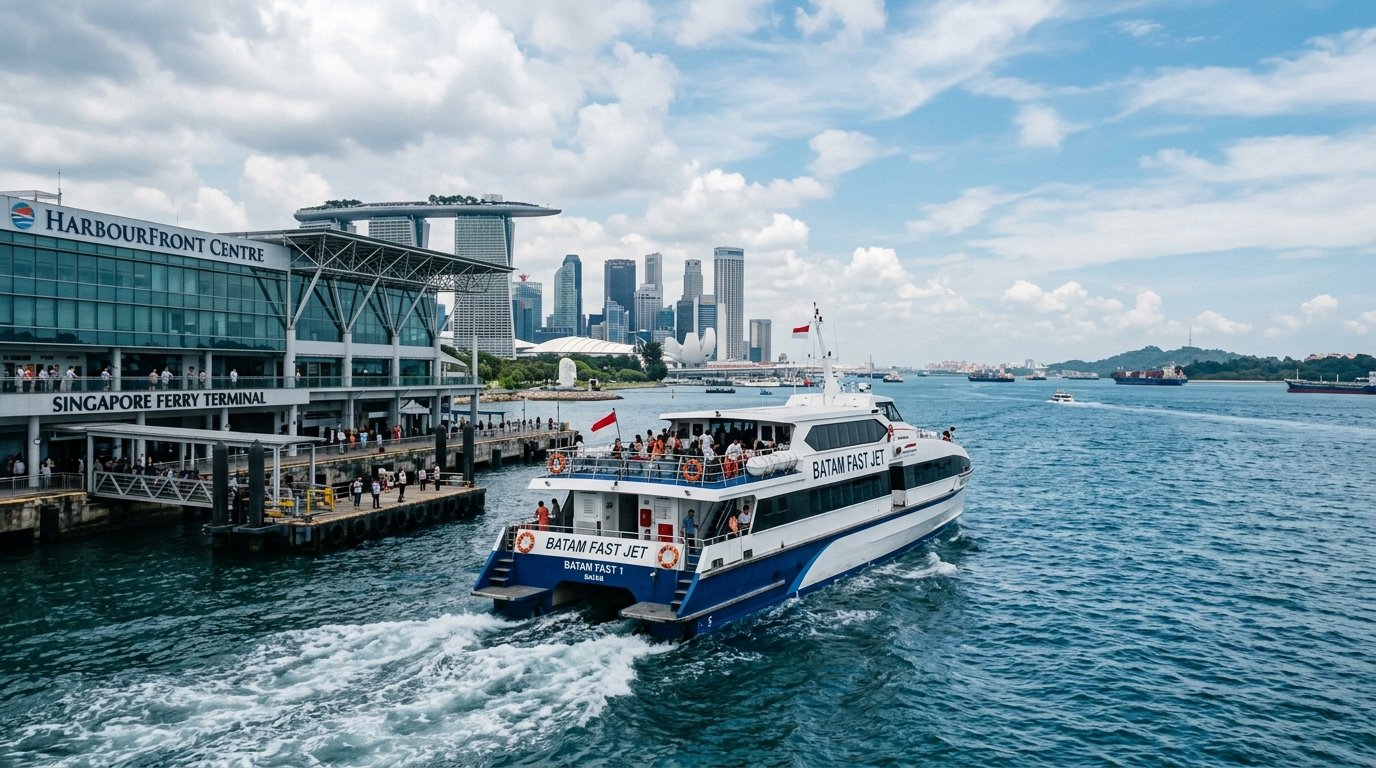 Singapore to Batam high-speed ferry departing HarbourFront terminal with Singapore skyline