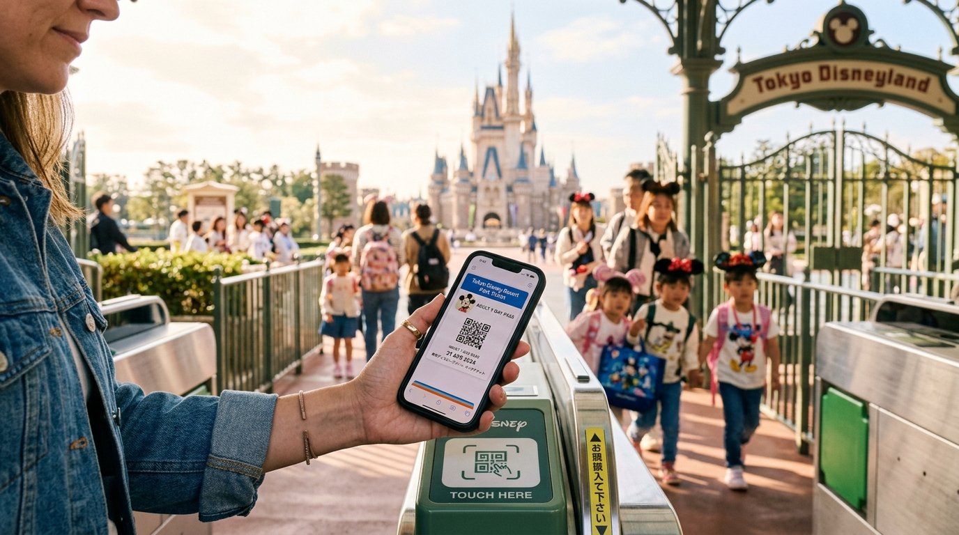 Tokyo Disney Resort e-ticket on smartphone at park entrance turnstile with Cinderella Castle in background