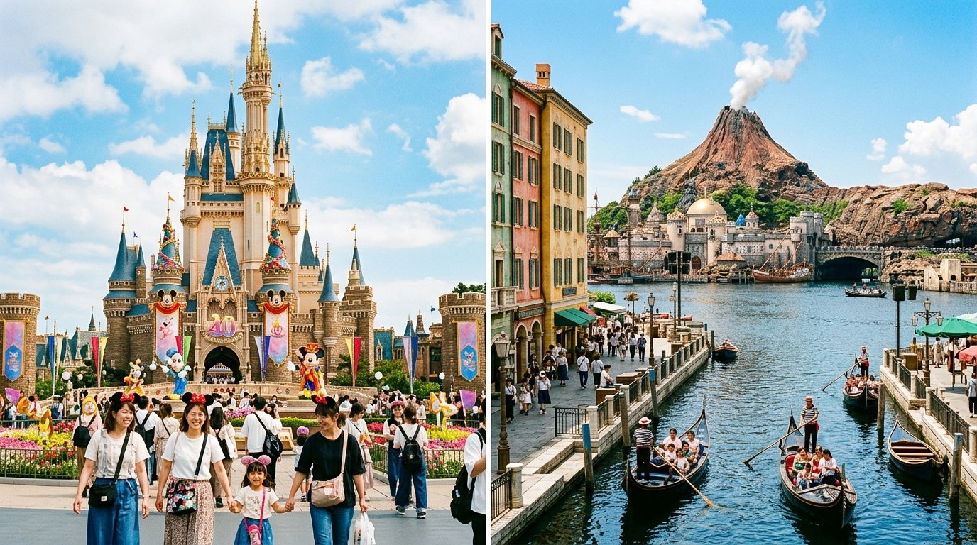 Tokyo Disneyland vs DisneySea comparison showing Cinderella Castle and Mediterranean Harbor with Mount Prometheus