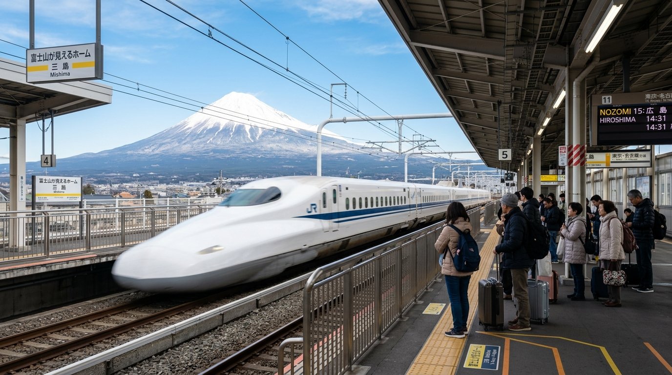 Nozomi Shinkansen bullet train at station platform with Mount Fuji in background